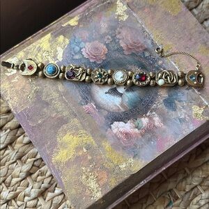 VINTAGE Victorian Rev Slide charm Bracelet . . Carved Cameo . Gold tone costume!